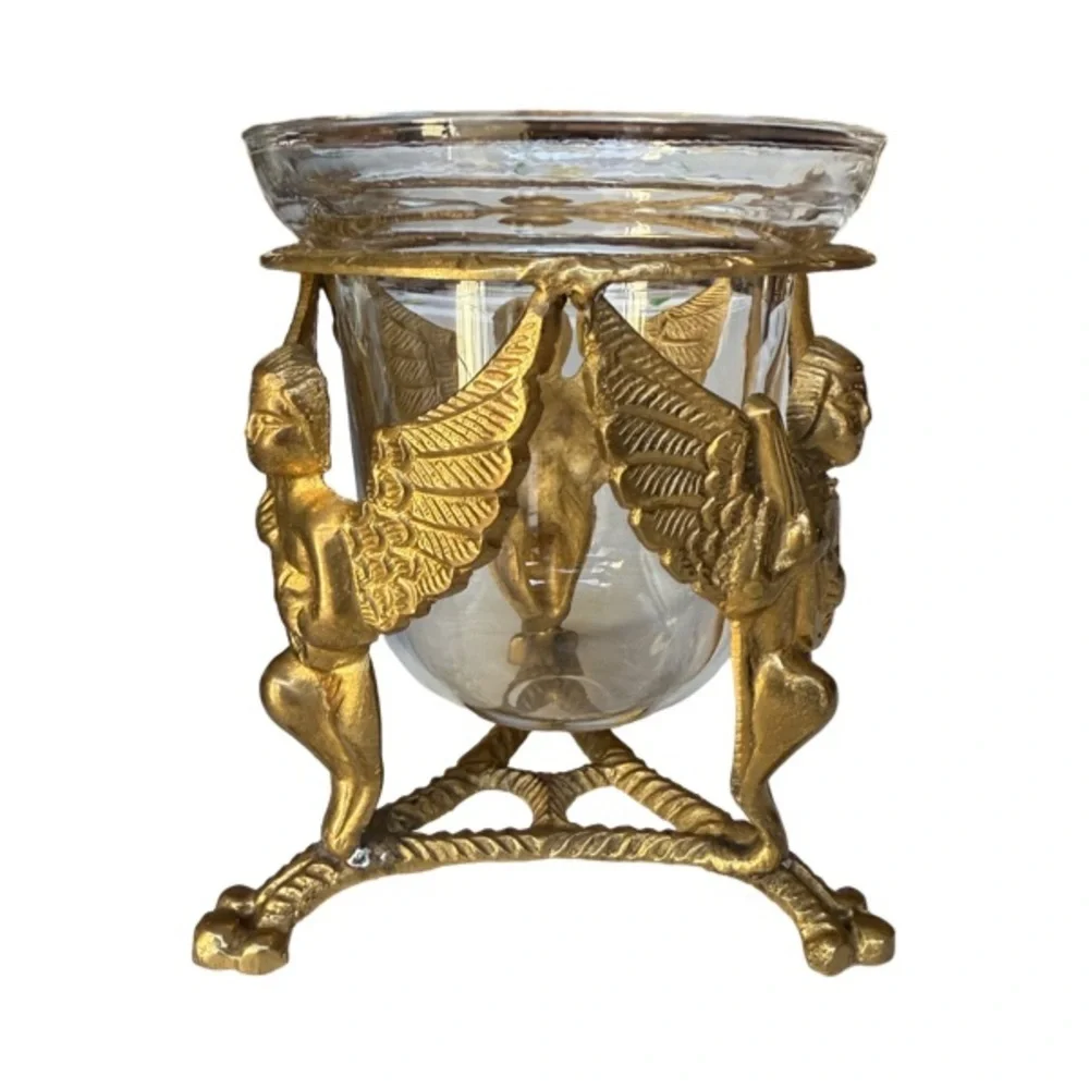 Vintage Brass Cherub Decorative Glass Bowl / Candle Holder